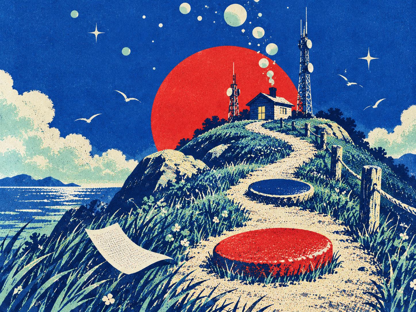 A sheet of paper blows at the foot of a path that climbs a hill past a red and a blue stepping stone to a cabin with two relay towers, under a red sun.