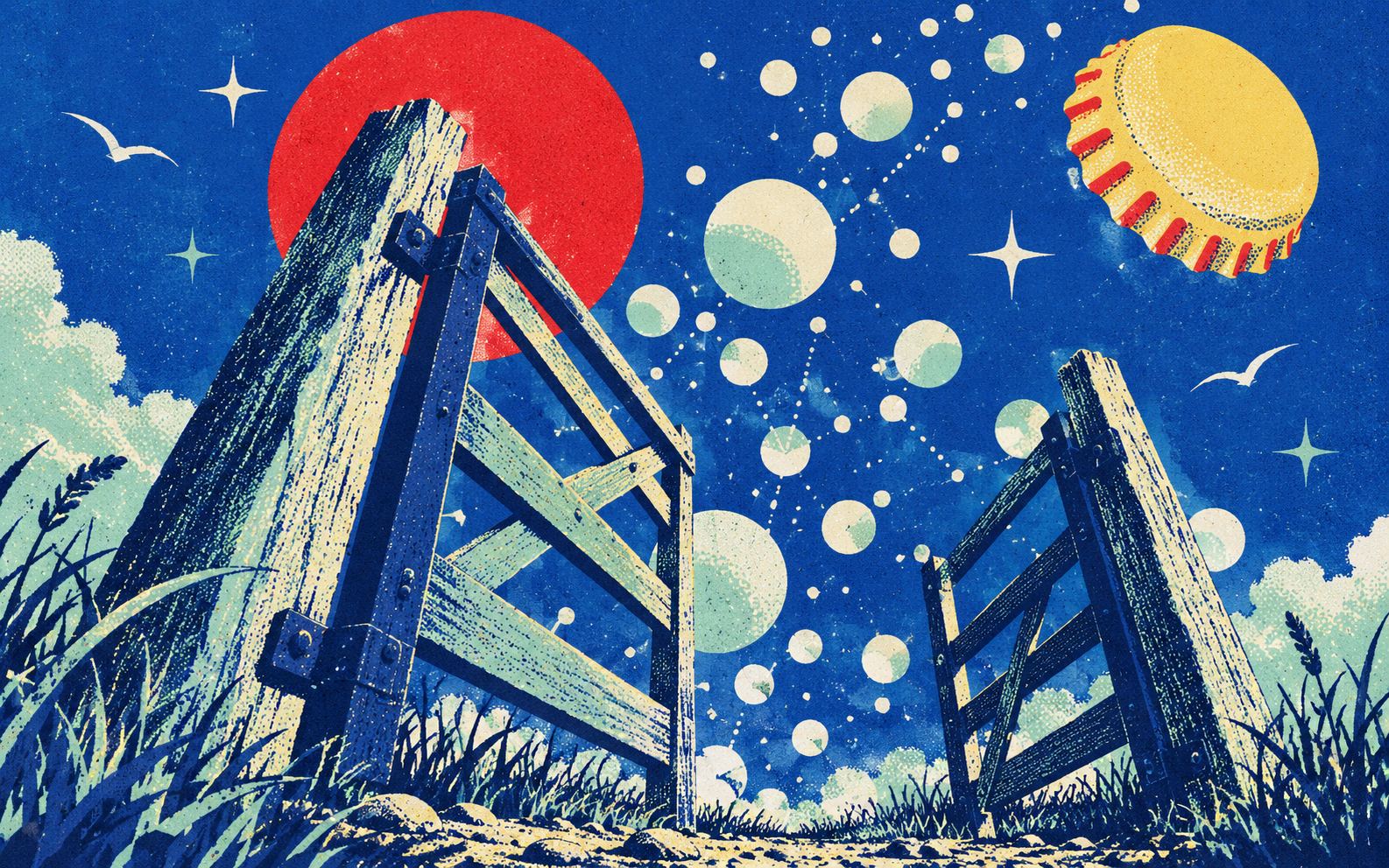 Low view of an open wooden farm gate at night under a red sun; glowing bubbles joined by dotted lines stream up through the gate past a yellow bottle cap.