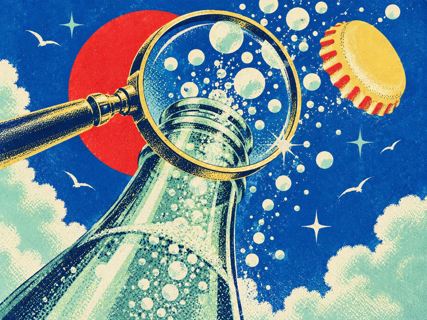 A magnifying glass held over the open neck of a mint glass bottle as bubbles burst out and a yellow bottle cap flies off, red sun behind.