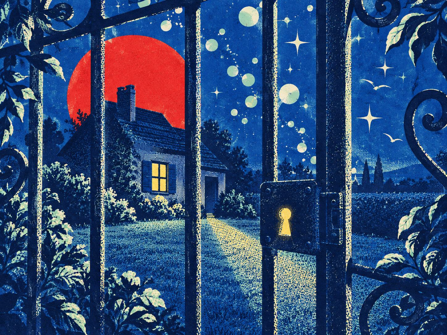 Through the bars of a locked iron garden gate with a glowing keyhole, a cottage with one lit window under a red moon.