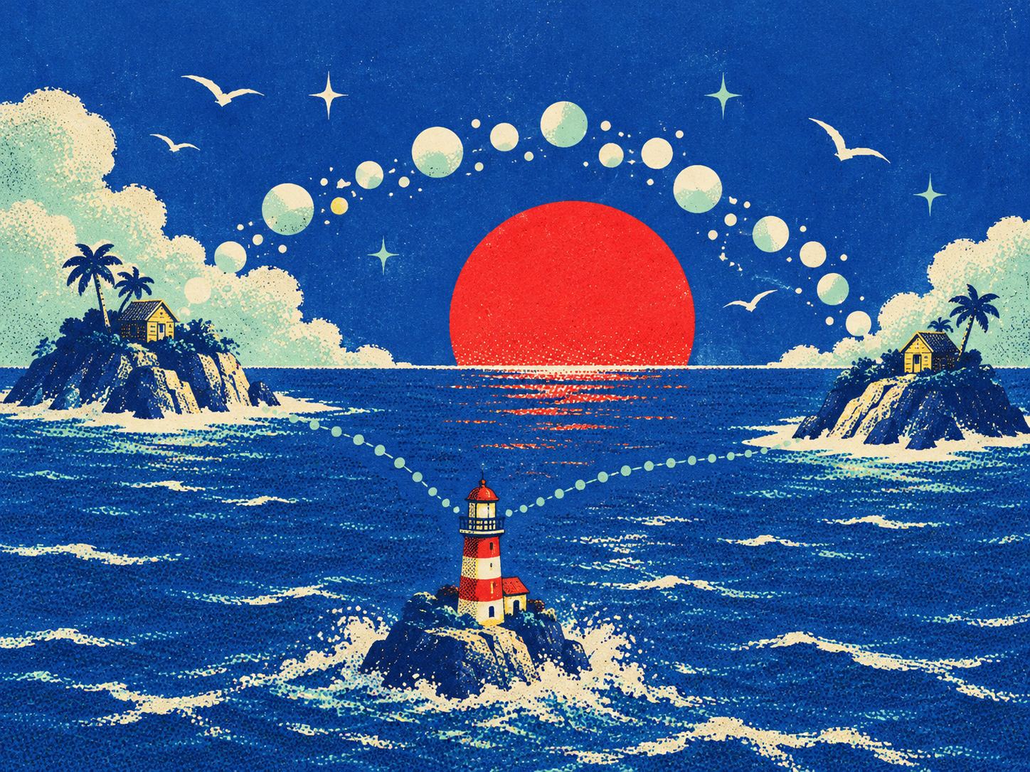 Two islands on a blue sea under a red sun: an arc of bubbles leaps directly between them, and a dotted path detours through a red-and-white lighthouse on a rock in between.
