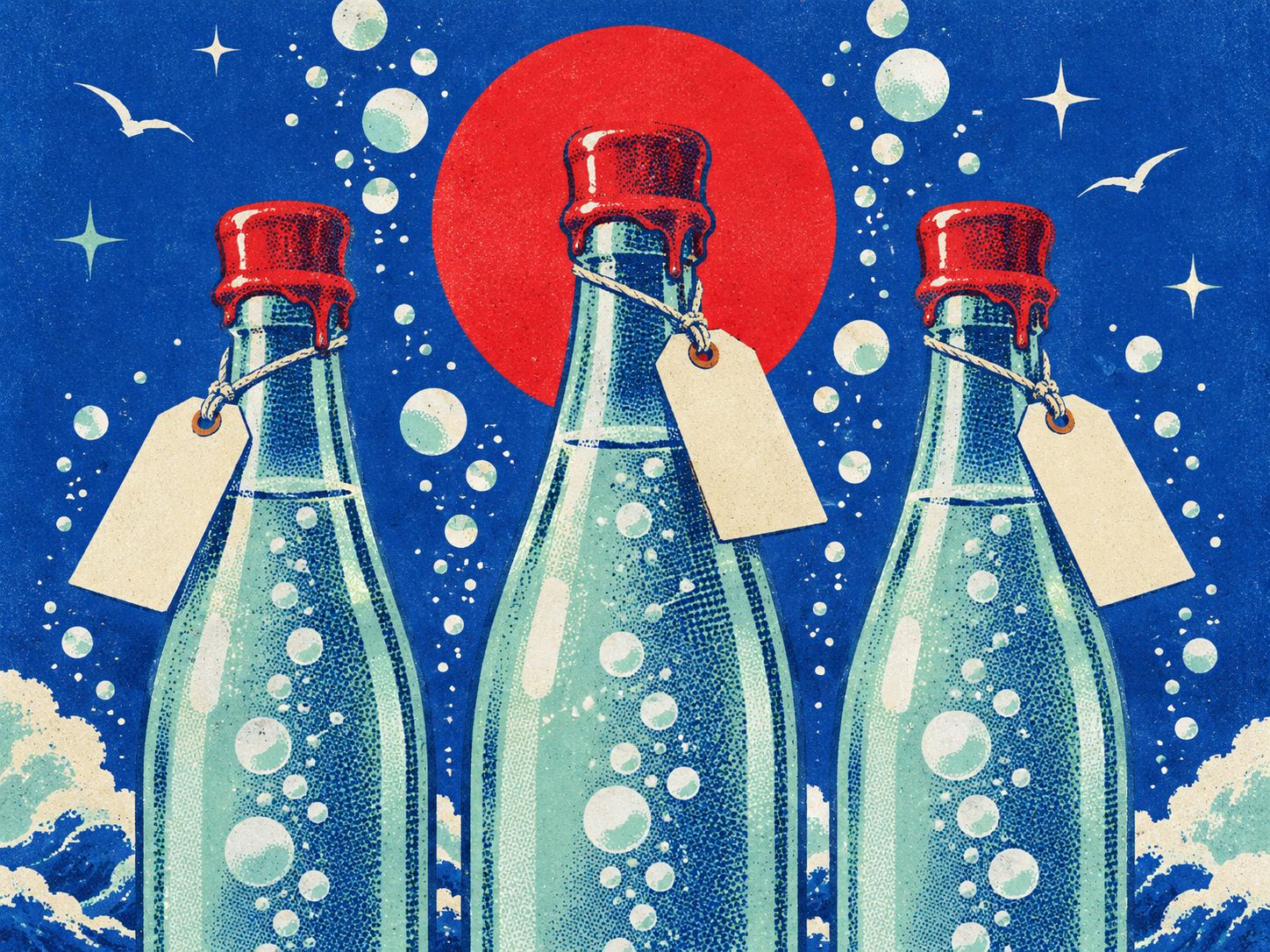 Three tall sealed glass bottles with red wax seals and blank tags, bubbles rising, a red sun behind the middle one.